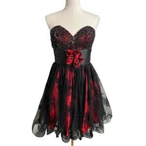 Jovani Fit & Flare Dress 6 Red Black Strapless Sequin Sweetheart Prom Homecoming